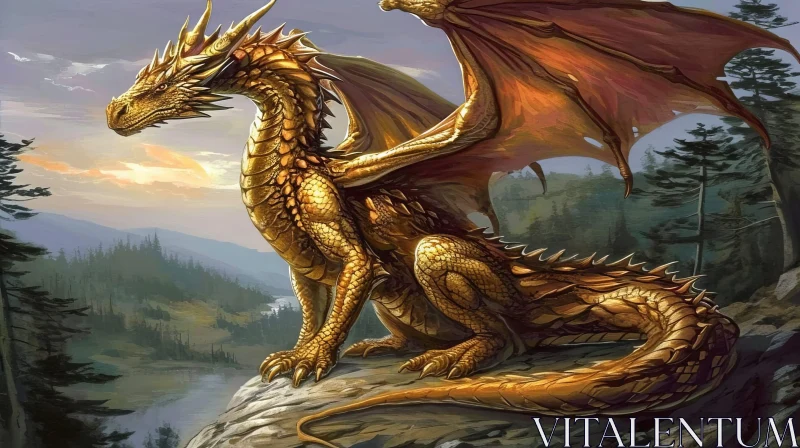 Gold Dragon Digital Painting - Fantasy Mountain Scene AI Image