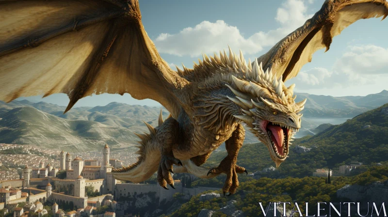AI ART Golden Dragon Flying Over Medieval City