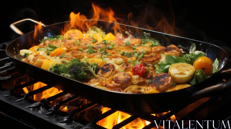 Sizzling Vegetable and Seafood Pan Over Open Fire AI Image