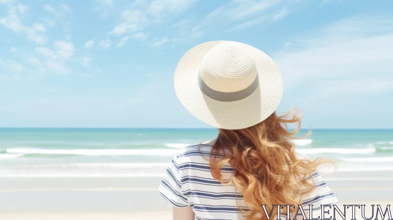 AI ART Tranquil Beach Scene with Woman in Straw Hat