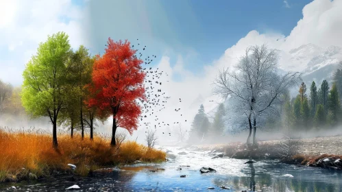 Tranquil River Landscape with Trees and Birds