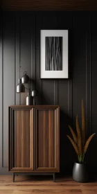 Captivating Wooden Cabinet and Plant on Black Wall - Realistic Portrayal of Light and Shadow
