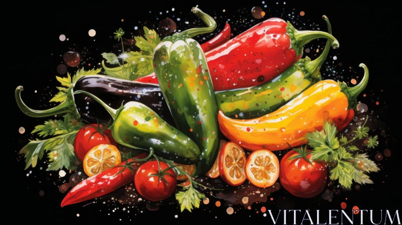 Colorful Chili Peppers, Tomatoes, and Eggplants Watercolor Painting AI Image