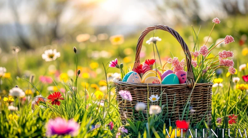 Colorful Easter Eggs in a Wicker Basket on Green Field AI Image
