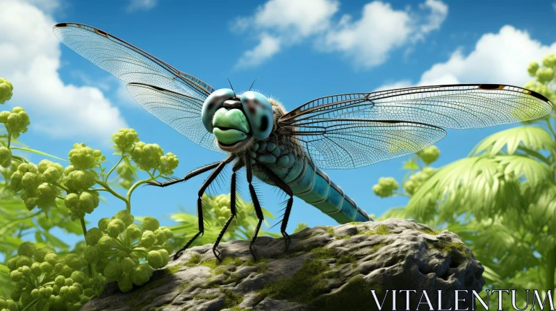 AI ART Dragonfly 3D Rendering on Rock - Nature Photorealistic Image