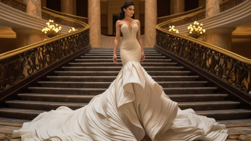 Elegant Woman in White Wedding Dress on Marble Staircase