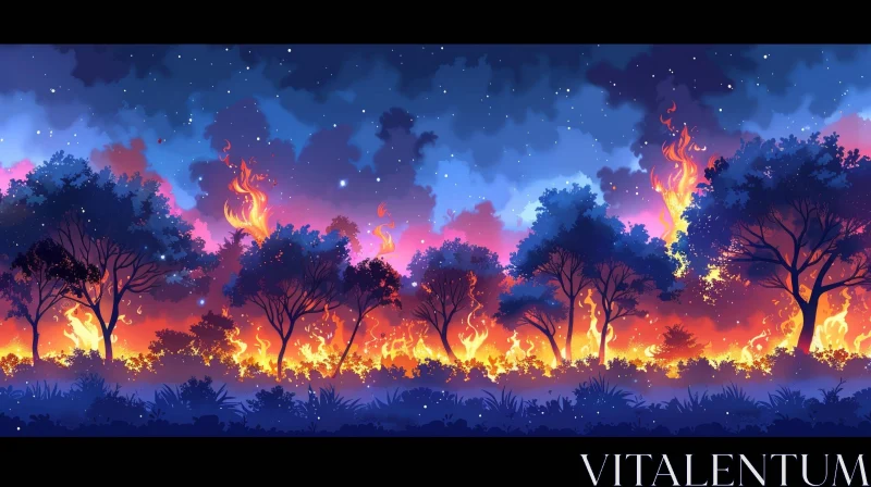 Enchanting Forest Fire Night Scene AI Image