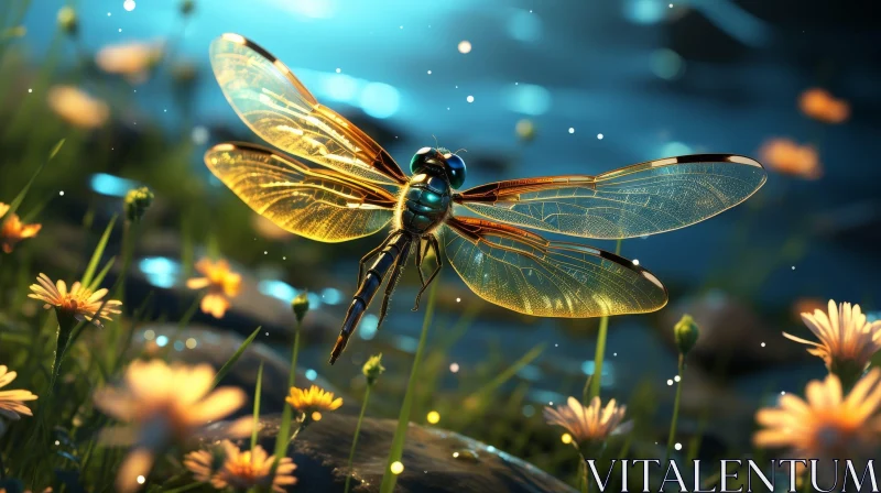 Ethereal Dragonfly in Lush Field with Vibrant Flowers AI Image