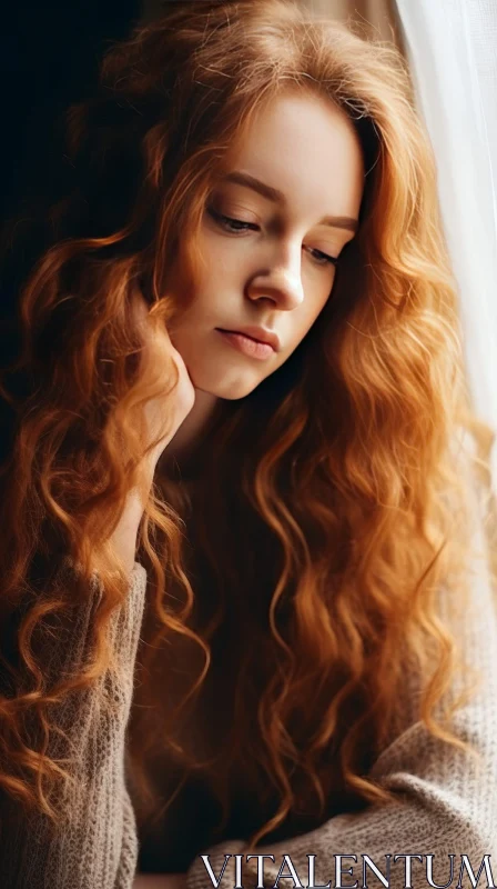 Expressive Portrait of a Red-Haired Woman AI Image