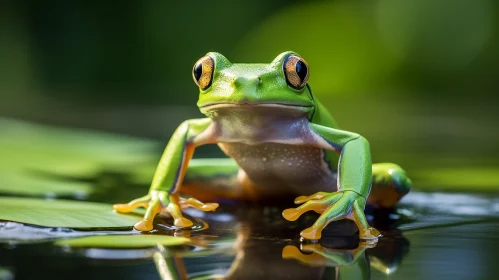 Green Frog on Lily Pad in Tropical Pond