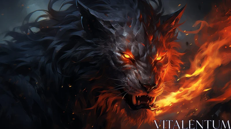Intense Black Lion Digital Painting with Fire AI Image