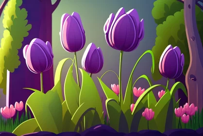 Purple Tulips in Forest - Illustration in 2D Game Art Style