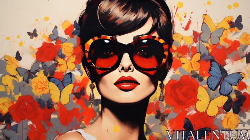 AI ART Serious Woman Portrait with Sunglasses and Flowers