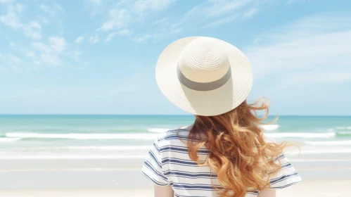 Tranquil Beach Scene with Woman in Straw Hat