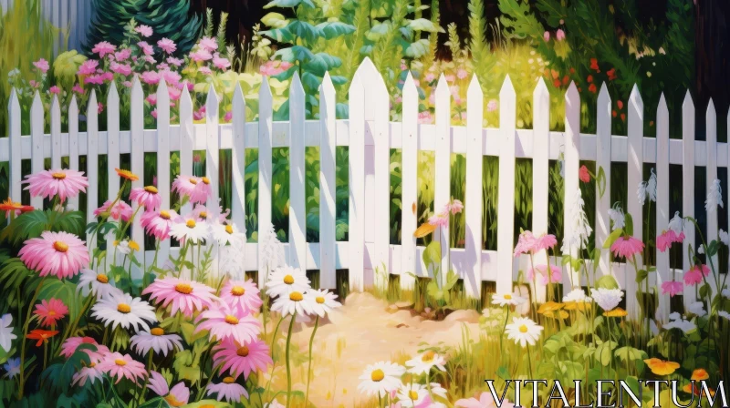 AI ART Tranquil Flower Garden with White Picket Fence