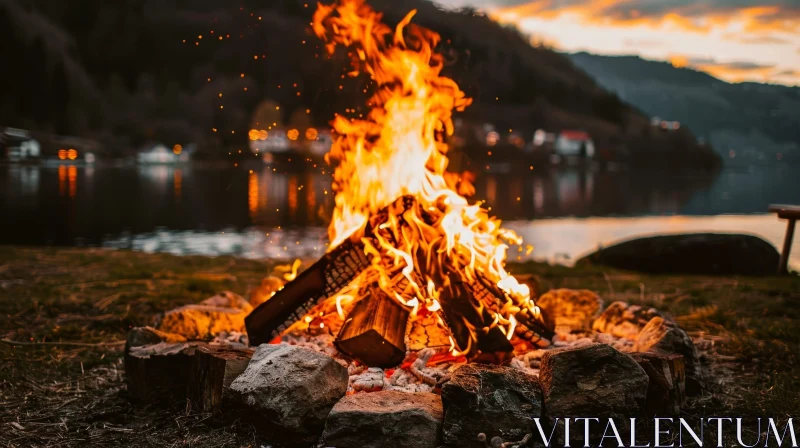 Bonfire by the Lake: A Captivating Nature Scene AI Image