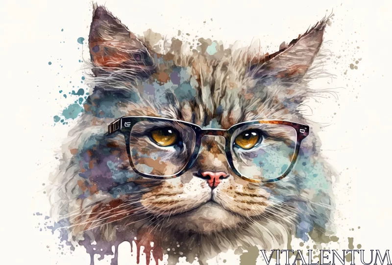 Captivating Watercolor Painting: Cat with Glasses in Abstract Style AI Image