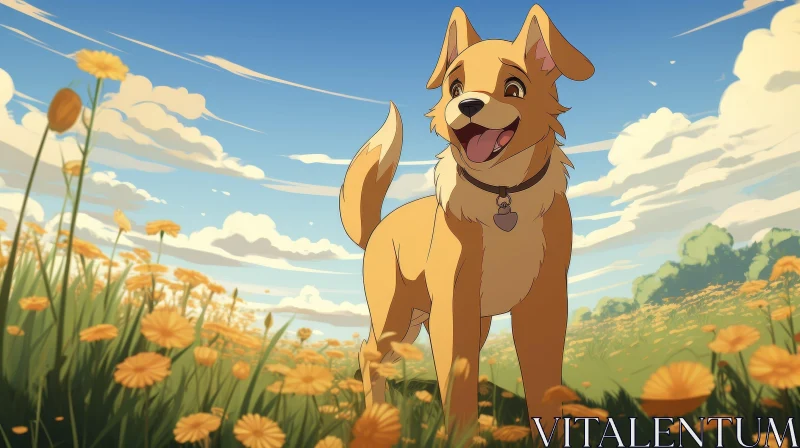 Cheerful Dog in Field of Flowers - Cartoon Style AI Image