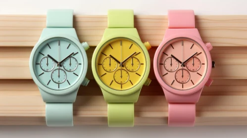 Colorful Wristwatches on Wooden Surface