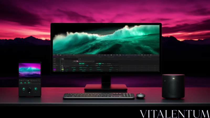 Computer Setup with Video Editing Software on Desk AI Image