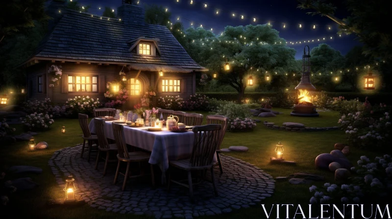 AI ART Enchanting Night Scene in a Backyard with a Wooden Cottage and Garden