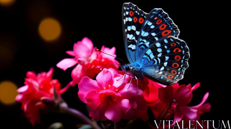 AI ART Exquisite Blue and Black Butterfly on Pink Flower