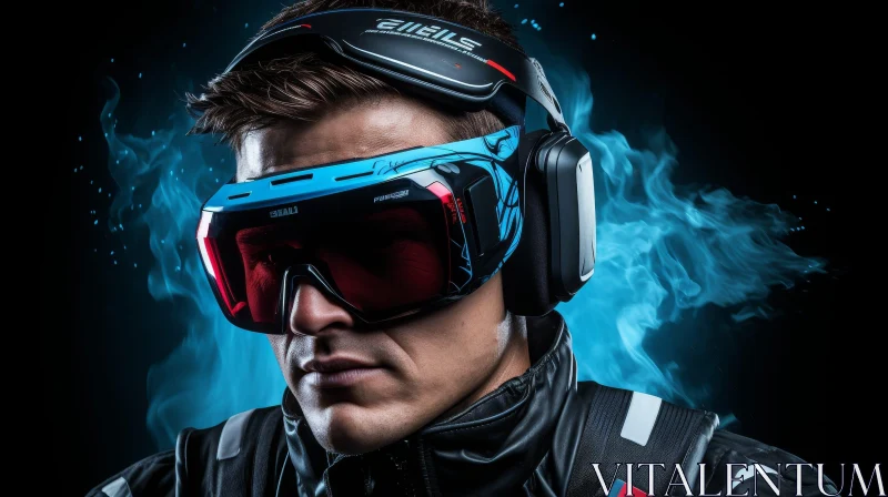 AI ART Futuristic VR Headset Model with Blue Flames