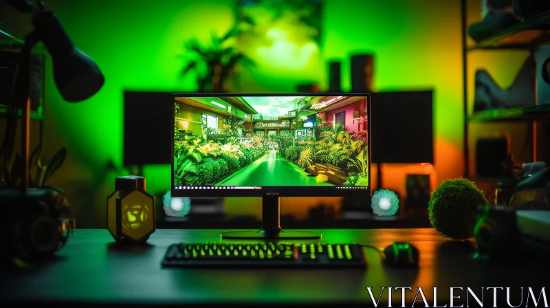 Green Monitor Gaming Setup AI Image