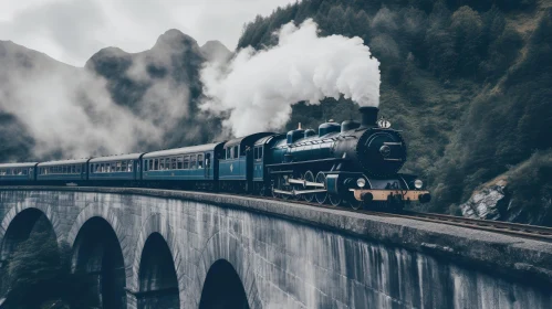 Impressive Blue Steam Train Crossing Tall Concrete Bridge