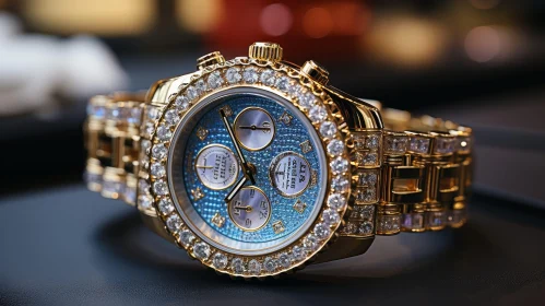 Luxurious Gold and Diamond Wristwatch with Blue Face