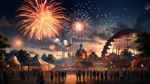Nighttime Amusement Park with Fireworks
