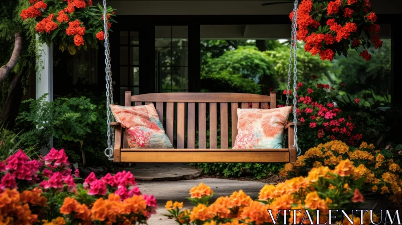 AI ART Tranquil Garden Scene with Porch Swing and Colorful Flowers