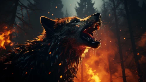 Wolf Howling in Forest Fire Digital Painting