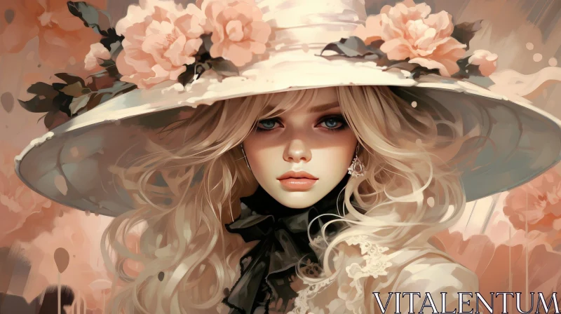 AI ART Beautiful Woman Portrait with Blonde Hair and Pink Flowers