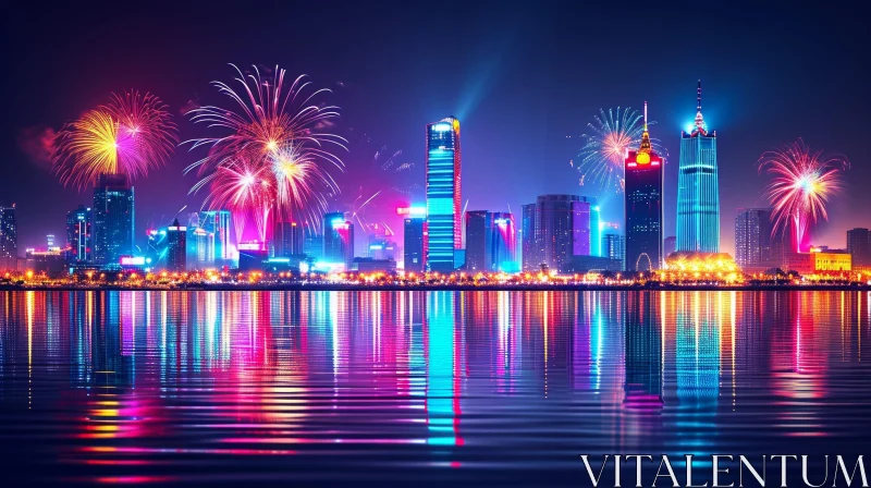 City Night View with Colorful Fireworks and Reflection AI Image