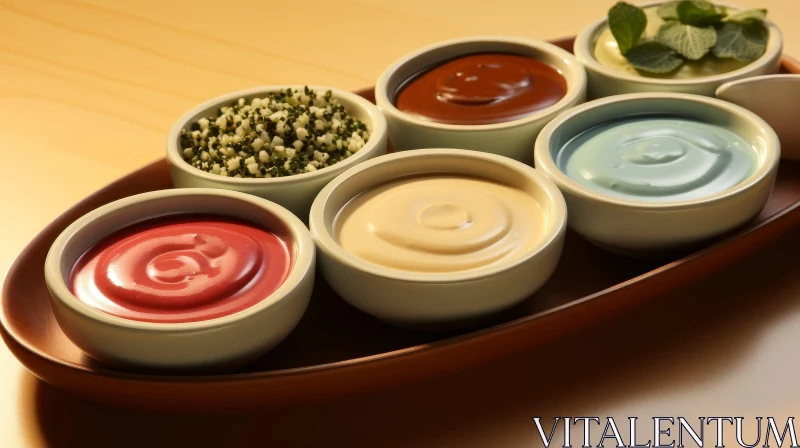 Colorful Sauce Presentation on Ceramic Bowls AI Image