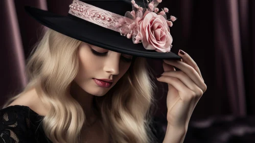 Elegant Woman in Black Hat and Pink Flower