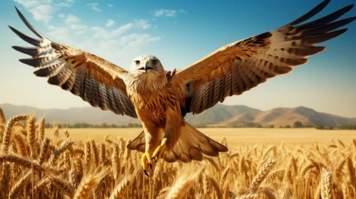 Majestic Hawk in Flight Over Wheat Field
