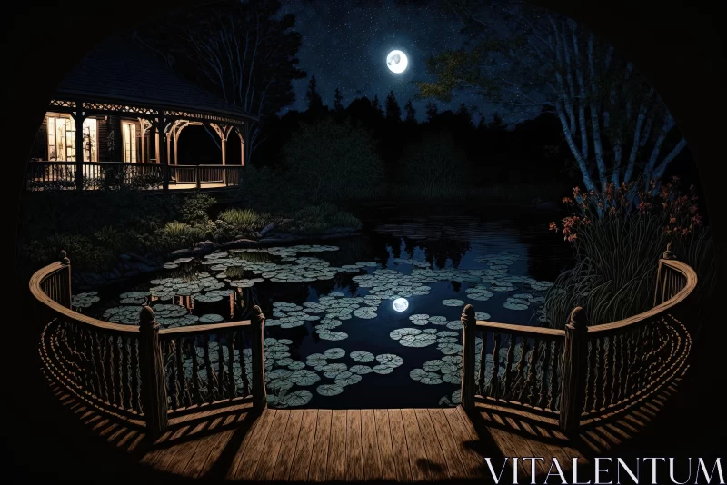 Moonlit Serenity: Hyper-Detailed Realistic Pond with Lilies AI Image