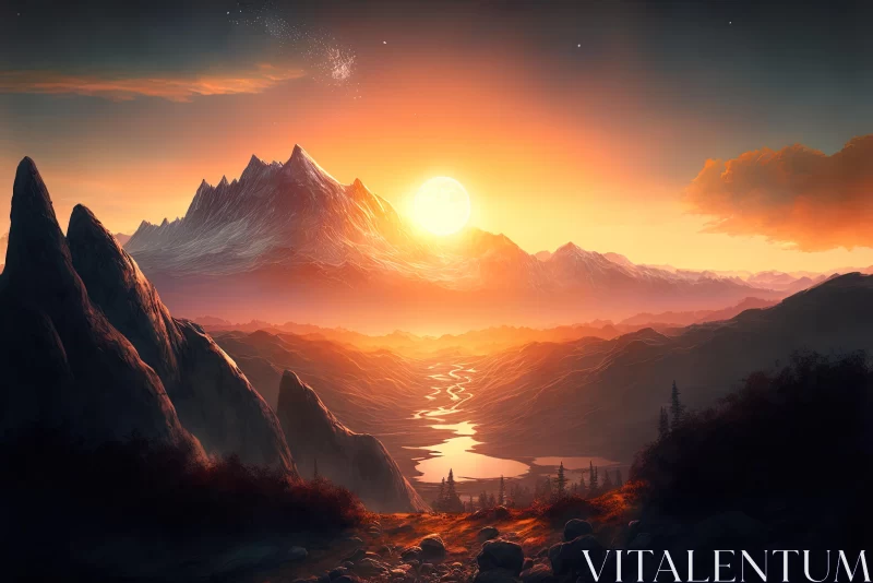 Radiant Sunset over Mountain Valley - Captivating Space Art AI Image