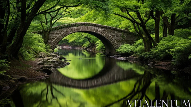 Stone Bridge Over River in Enchanting Forest AI Image