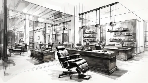 Vintage Style Barbershop Interior Sketch