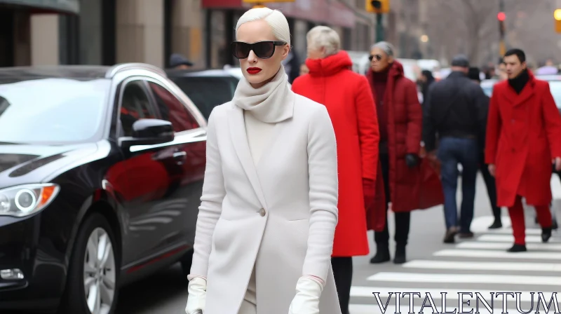 Blonde Woman Walking in City Crosswalk AI Image