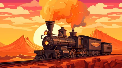 Charming Cartoon Steam Locomotive in Desert Landscape