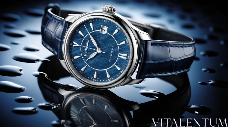Elegant Luxury Wristwatch with Blue Dial and Water Droplets AI Image