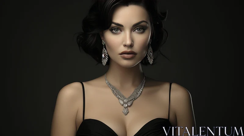 Elegant Young Woman in Black Evening Gown and Diamond Jewelry AI Image