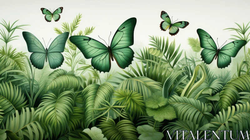 AI ART Green Jungle Scene with Butterflies