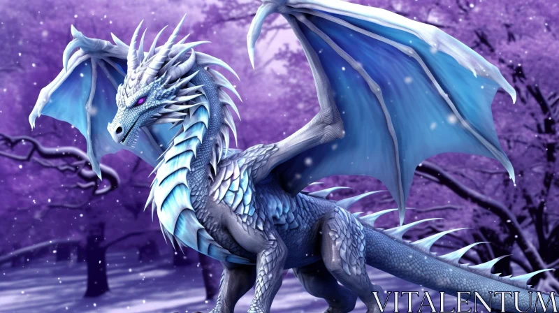 Majestic Blue Dragon in Snowy Forest AI Image