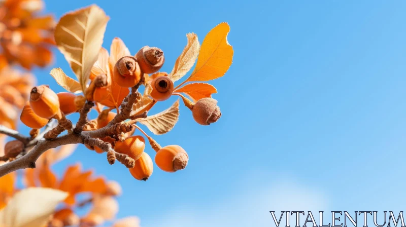 Nature's Beauty: Orange Leaves and Brown Nuts on Tree Branch AI Image