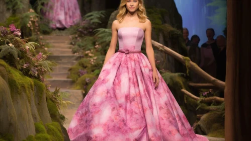 Pink Floral Ball Gown Runway Fashion Model in Forest